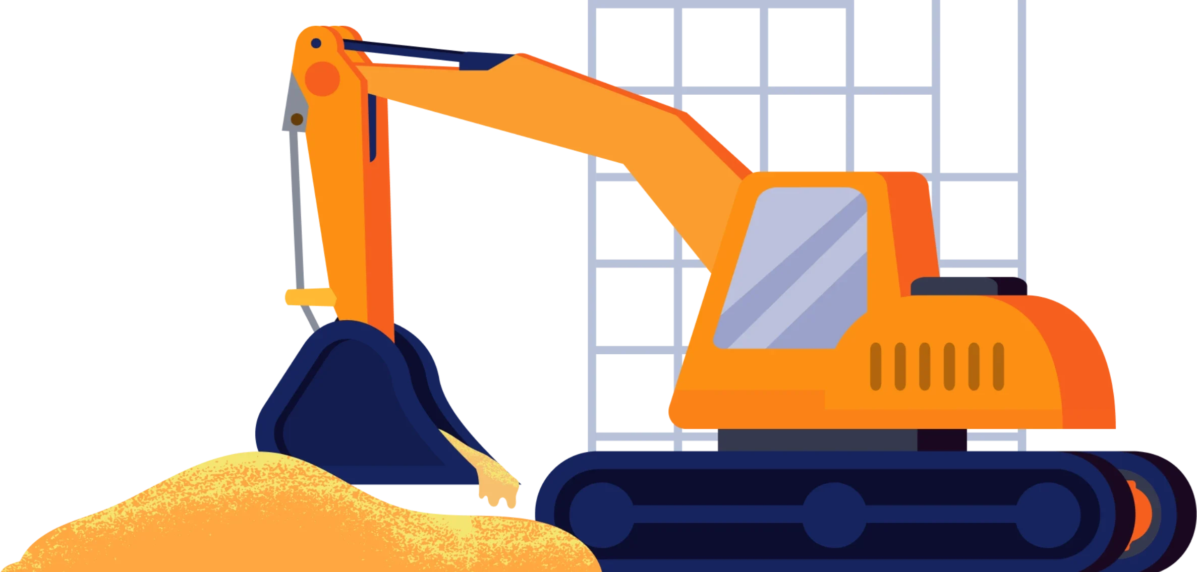 Pomarańczowa koparka na gąsienicach nabierająca piasek – prace ziemne