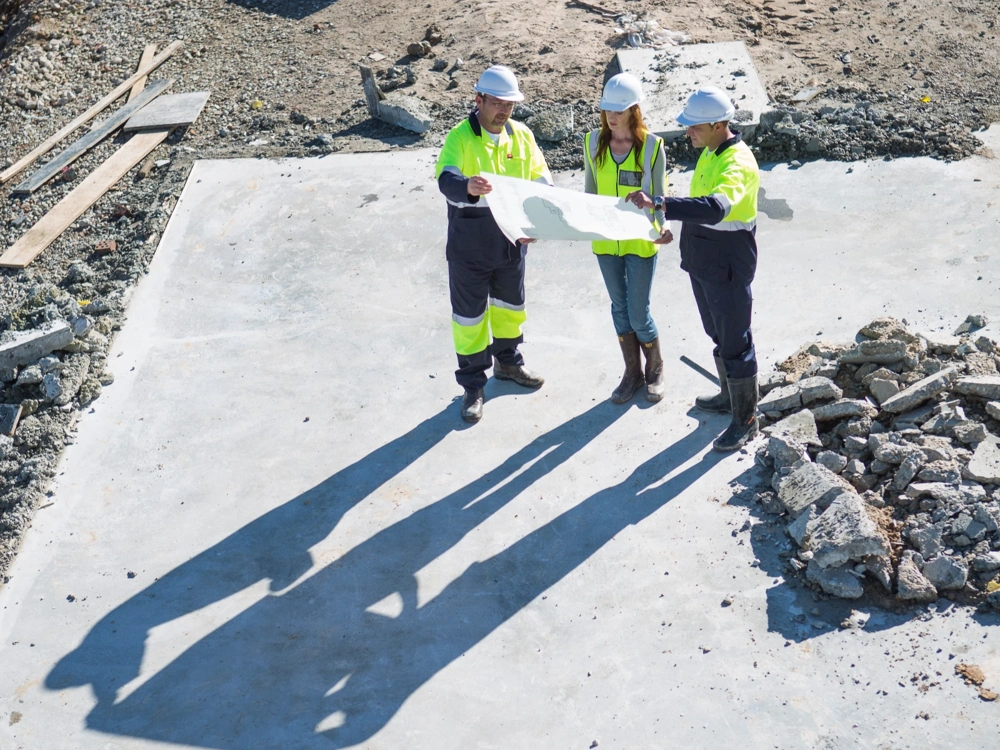 Trzech pracowników budowy w kaskach i kamizelkach przegląda projekt na płycie fundamentowej – stan surowy otwarty