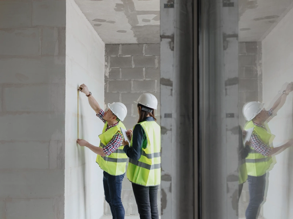 Ścianki działowe – pracownicy w kaskach mierzą mur z bloczków
