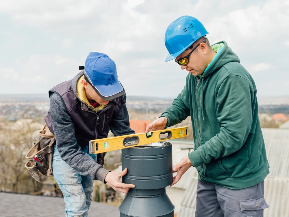 Dwóch robotników na dachu montuje komin, sprawdzając poziom montowanej rury kominowej przy pomocy poziomicy
